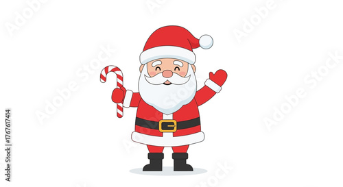 Cartoon Santa Claus holding a candy cane and waving.