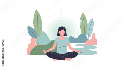 Woman meditating in nature, finding peace and relaxation through mindfulness and connection with the environment.