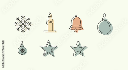 Tableau sur toile Christmas icons: snowflake, candle, bell, ornaments, and stars on a light background