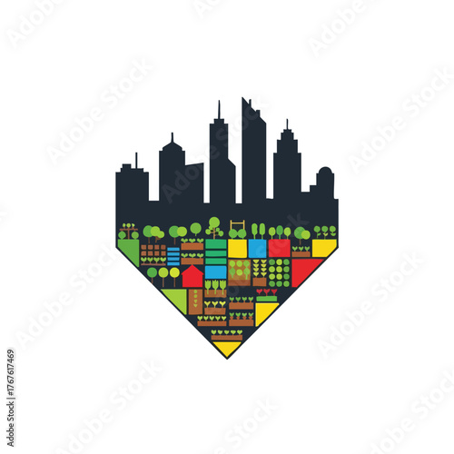 Stylized cityscape merges with vibrant urban farming fields.