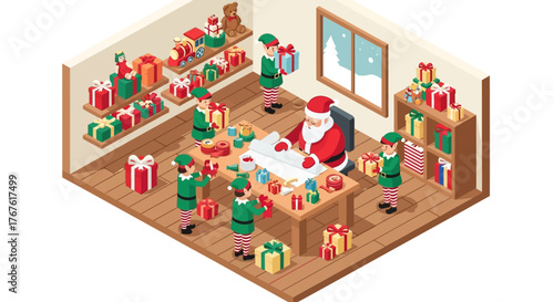 Santa's Workshop: Santa and elves preparing gifts for Christmas.