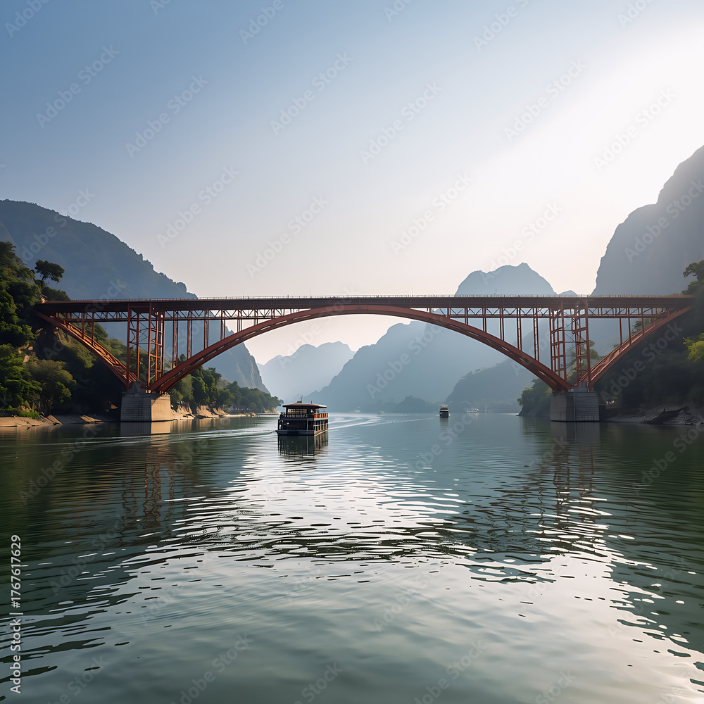 Fototapeta premium Red Steel Arch Bridge Over Calm River with Tour Boat