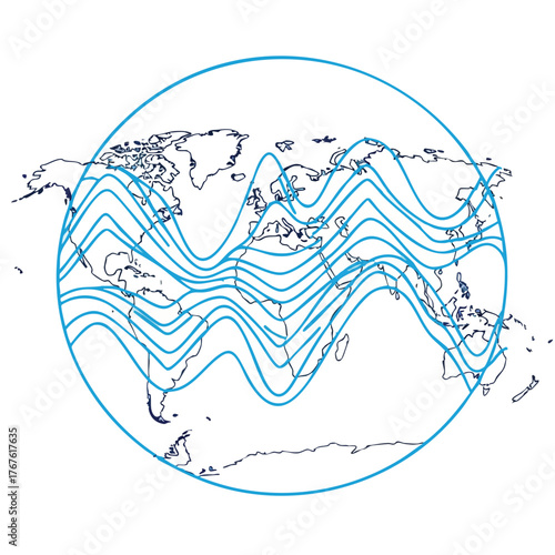 World map with blue wavy lines across continents, within a circle.