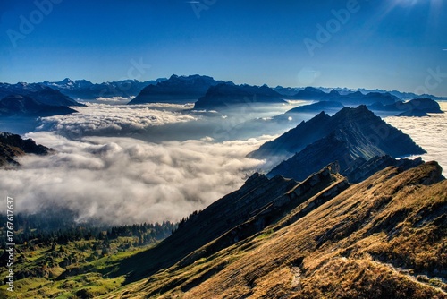Autumn hike across the sea of ​​fog to the Nagelfluh mountain Speer in St. Gallen. A truly beautiful view above the fog. High quality photo