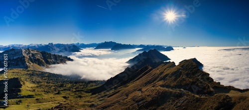 Autumn hike over the fog to the Nagelfluh mountain Speer in St. Gallen. A truly beautiful view above the fog. High quality photo.