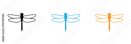 Striking minimalist dragonfly icons in bold black, cool blue, and vibrant orange offer versatile design appeal for nature themes, branding, and creative projects.