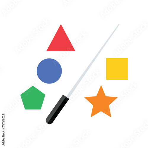 Geometric shapes and a pointer stick on a white background.