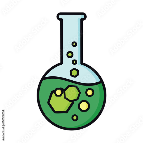 A cartoon of a laboratory flask with green liquid.
