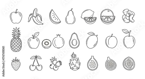 Minimalist outline fruit icons set including apple, banana, avocado, and citrus on white background