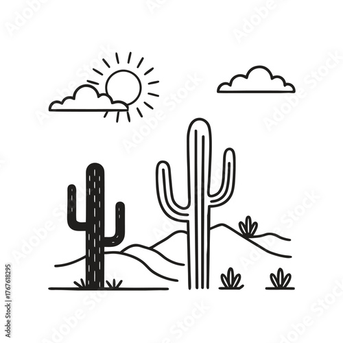 Minimalist Cactus and Sun Desert Scene Illustration
