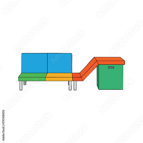Colorful modular sofa with a ramp extending to a green storage unit.