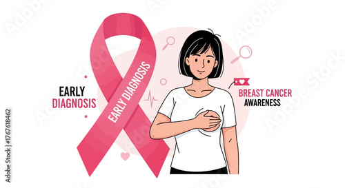 Conceptual illustration for Breast Cancer Awareness Month showing a woman's self-examination for early detection