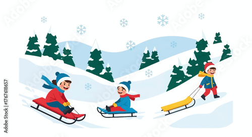 Happy Children Sledding Down Snowy Hills During Winter Season