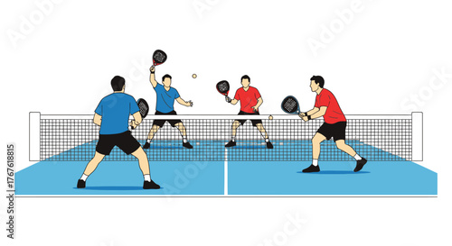 Four People Playing Pickleball on a Blue Court.