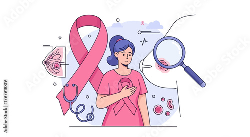 A conceptual illustration for breast cancer awareness month, showing a woman with a pink ribbon and medical examination icons
