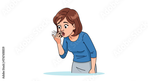 Woman sneezing or coughing with hand covering mouth, a common sign of illness or allergy