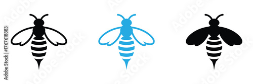 Versatile bee icons in black and blue provide impactful visual elements for branding and design projects, evoking nature and modern appeal.