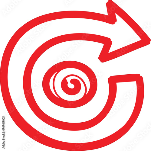 Red and White Grunge Style Recycling Icon Circular Arrow Symbol with Swirl in Center Hand Drawn Sketchy Eco Friendly Reuse Refresh Reload Symbol