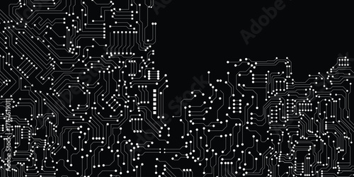 Printed circuit board black and white computer technology seamless pattern, vector