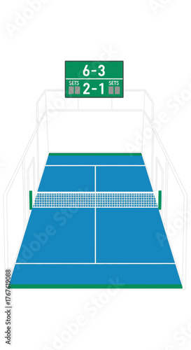 Overhead View of a Blue Tennis Court with Scoreboard.