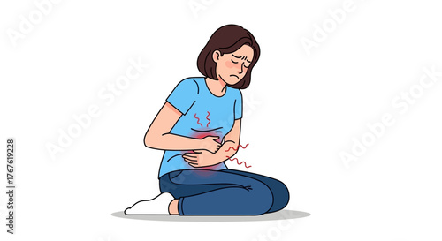 Woman experiencing abdominal pain, digestive distress, illness, stomach ache, healthcare concept