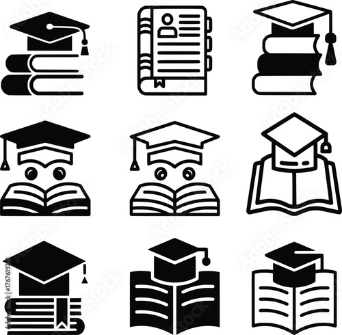 Reading and literature solid icons set – silhouette style book, ebook, Educational line and publication symbols for library and study: open book, hardcover, newspaper, ebook, magazine, brochure, folio