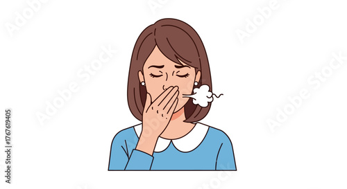 Illustrated young woman with closed eyes covering her mouth, symbolizing bad breath, halitosis, or oral health concerns