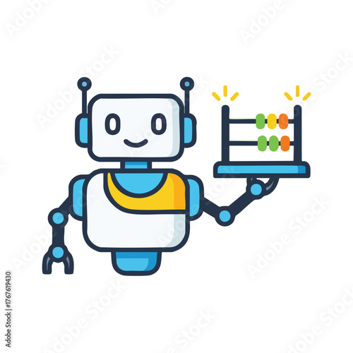 A robot holds an abacus, symbolizing technology and learning.