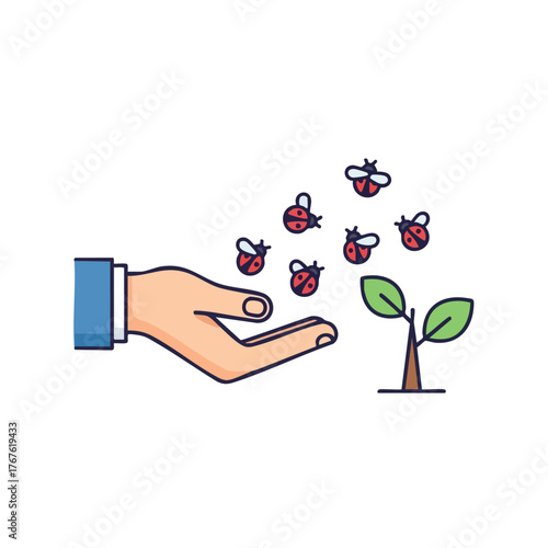 A hand releases ladybugs tods a growing plant.