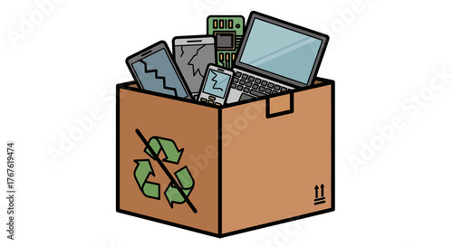 Recycling technology: e-waste box with broken electronics illustration