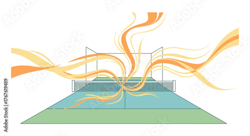 Stylized Badminton Court with Dynamic Energy Flow Illustration.