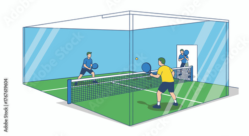 Two Men Playing Padel Tennis in an Enclosed Court.