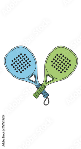 Two Padel Rackets Crossed, Blue and Green, Sports Equipment.