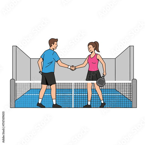 Two Padel Players Shaking Hands on a Blue Court.