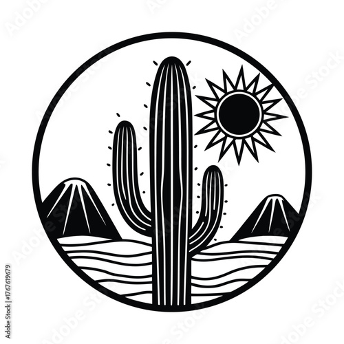 Minimalist Cactus and Sun Desert Scene Illustration