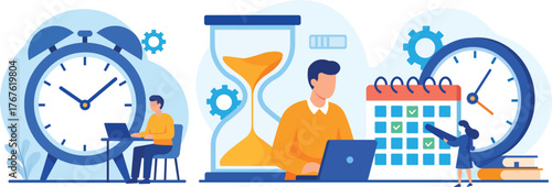 Flat vector illustration showing time management and productivity scenes — laptop work with alarm clock, man with hourglass, and calendar scheduling concept