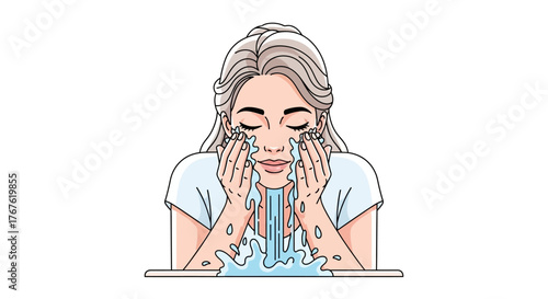 Woman Washing Face with Water Skincare Routine Illustration
