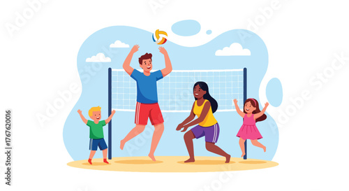Adobe illustrator artwork vector illustration. A happy family plays volleyball on the beach under a sunny sky, depicting summer fun, teamwork, and active outdoor leisure.