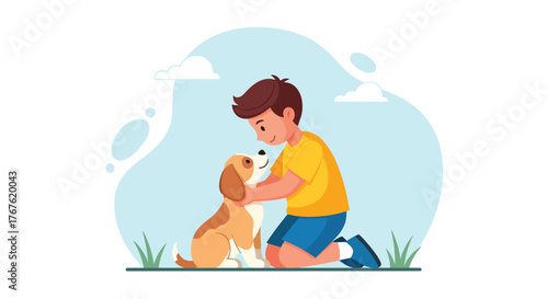 Adobe illustrator artwork vector illustration. A happy little boy lovingly hugs his cute puppy outdoors, illustrating the special bond between children and their pets