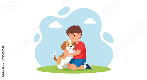 Adobe illustrator artwork vector illustration. A happy little boy lovingly hugs his cute puppy outdoors, illustrating the special bond between children and their pets
