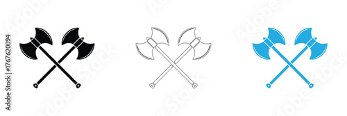 Crossed axes offer design versatility for historical games, logos, icons, and fantasy projects, presented in black, outline, and blue for diverse creative needs.