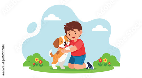 Adobe illustrator artwork vector illustration. A happy little boy lovingly hugs his cute puppy outdoors, illustrating the special bond between children and their pets