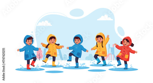 Adobe illustrator artwork vector illustration. Five diverse, joyful children in colorful raincoats and boots happily jump in puddles, celebrating rainy day fun and childhood play
