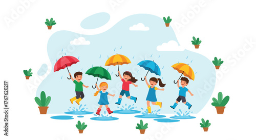 Adobe illustrator artwork vector illustration. Two cheerful children in raincoats and boots jump in puddles with umbrellas, surrounded by potted plants, depicting joyful rainy day play