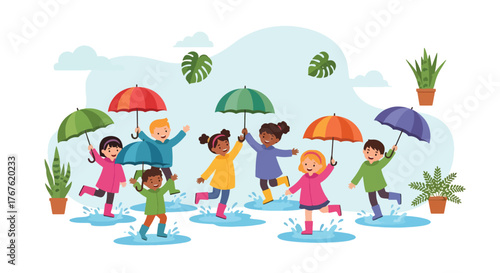 Adobe illustrator artwork vector illustration. Two cheerful children in raincoats and boots jump in puddles with umbrellas, surrounded by potted plants, depicting joyful rainy day play