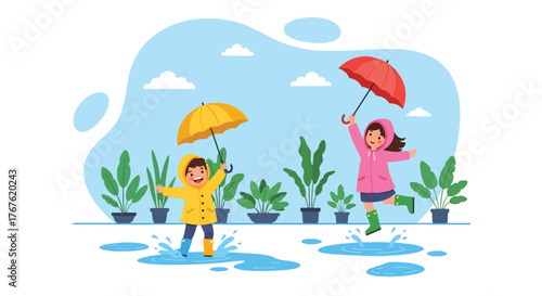 Adobe illustrator artwork vector illustration. Two cheerful children in raincoats and boots jump in puddles with umbrellas, surrounded by potted plants, depicting joyful rainy day play