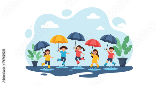 Adobe illustrator artwork vector illustration. Two cheerful children in raincoats and boots jump in puddles with umbrellas, surrounded by potted plants, depicting joyful rainy day play