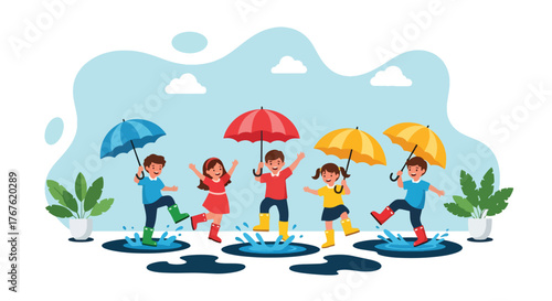 Adobe illustrator artwork vector illustration. Two cheerful children in raincoats and boots jump in puddles with umbrellas, surrounded by potted plants, depicting joyful rainy day play