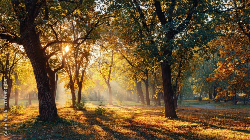 Fototapeta premium Sunlit Orchard with Sunlight Streaming Through Trees in Golden Hour with Dust Motes and Long Shadows on Grassy Ground