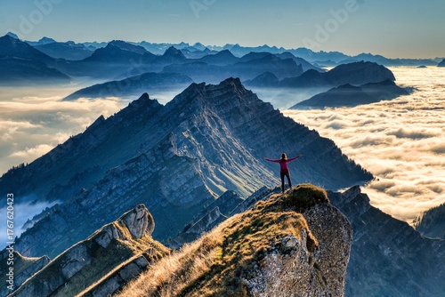 Autumn hike across the sea of ​​fog to the Nagelfluh mountain Speer in St. Gallen. A truly beautiful view above the fog. High quality photo